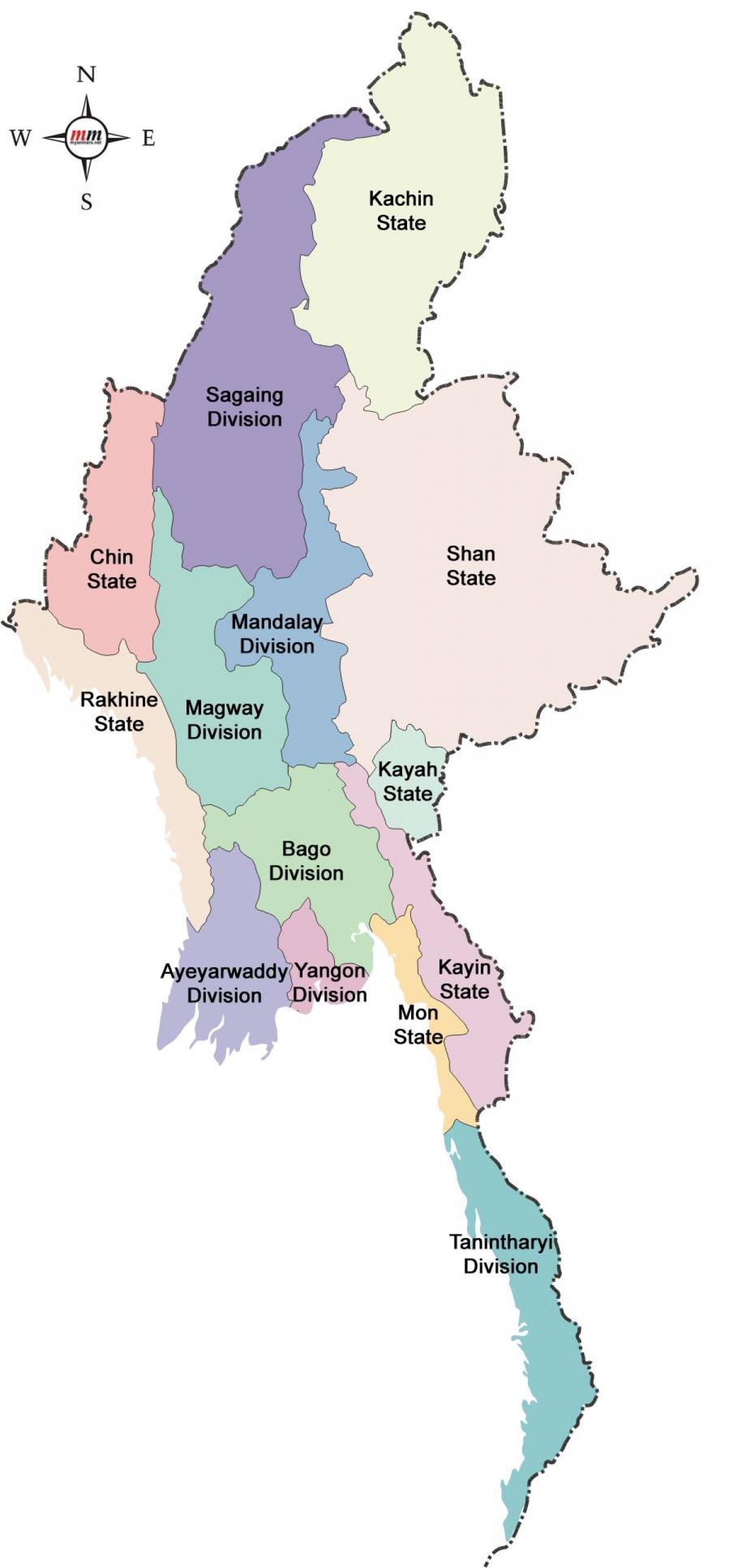 Myanmar kaart en staten