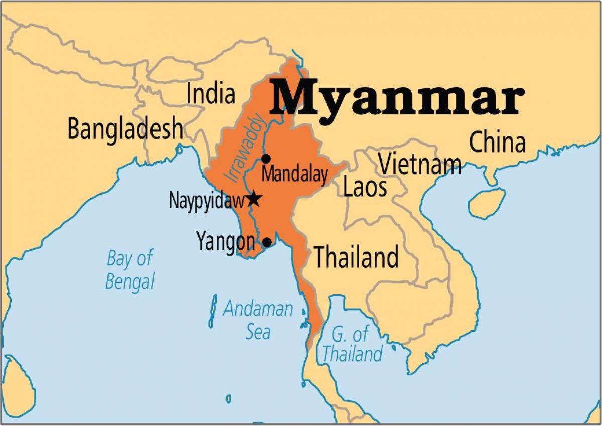 locatie van Myanmar in de kaart van de wereld