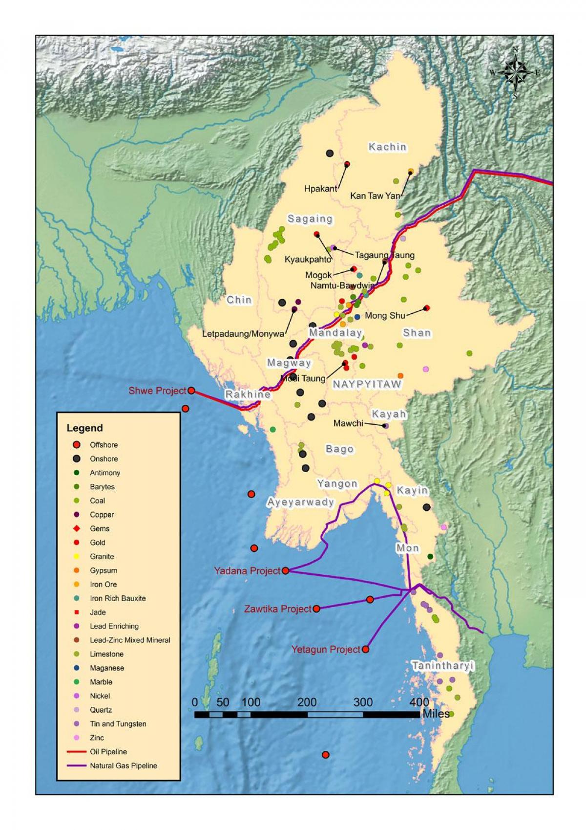 Kaart van Myanmar natuurlijke hulpbronnen